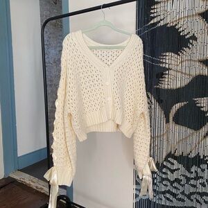 Cream Knit Sweater with Ribbon Details
